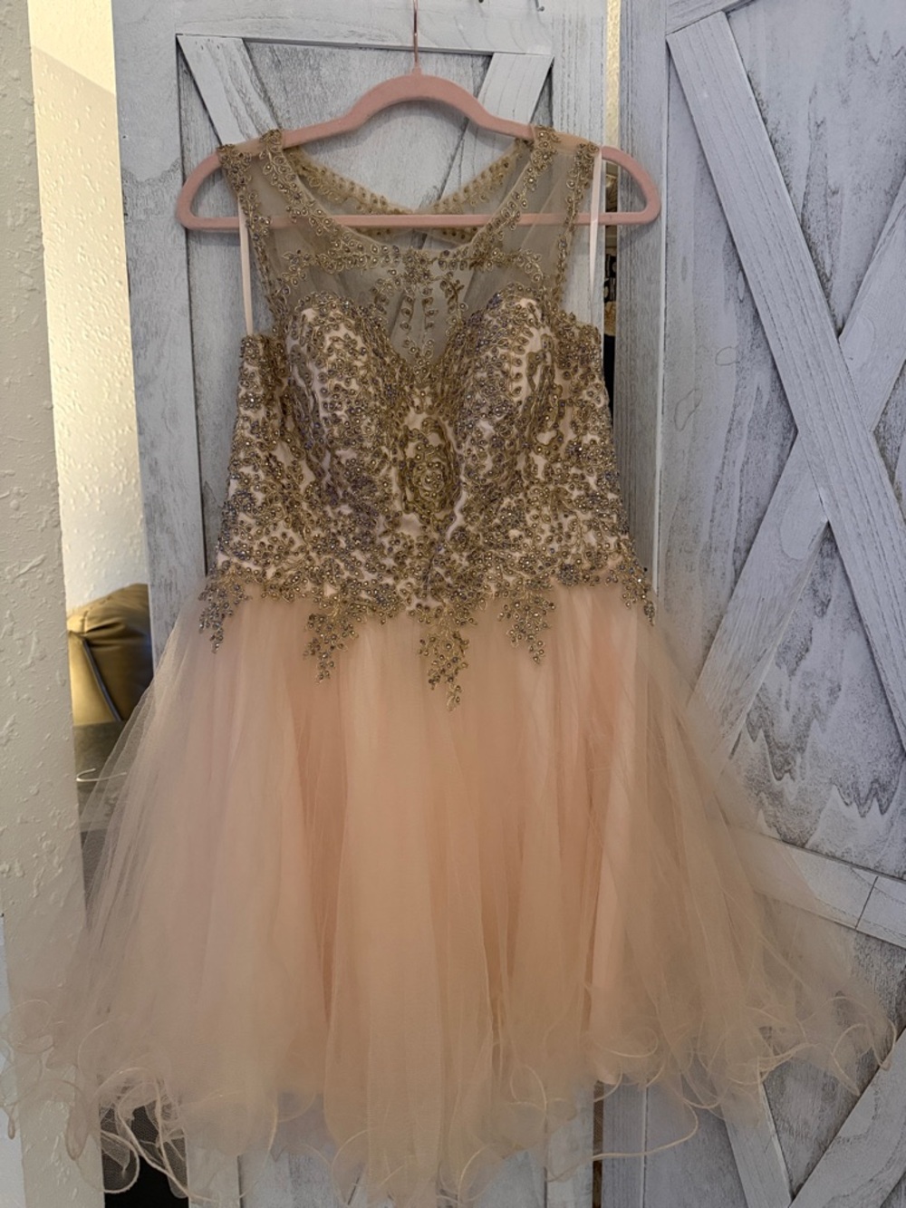 Illusion Neckline Tulle Prom Dress in Blush Gold Beading absolutely stunning!